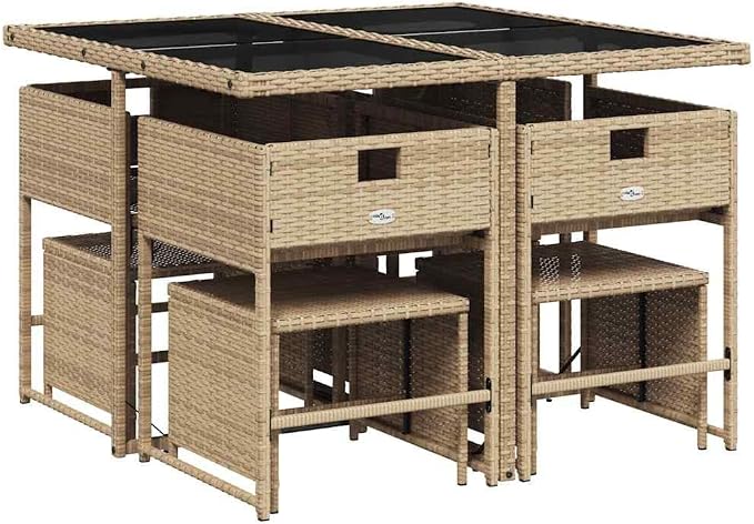 9 Piece Patio Dining Set with Cushions Beige Poly Rattan Outdoor Table and 4 Chairs with Stools Space-Saving Foldable Backrest Glass Top Tempered UV-Proof Garden Furniture for Backyard Lawn Deck