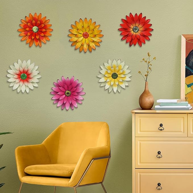 hogardeck Metal Flower Wall Decor for Indoor Outdoor, Kitchen Decor Floral Metal Wall Art, Wall Decor for Bathroom, Living Room, Porch, Garden, Yard, Backyard （6 Pcs 6'' ）