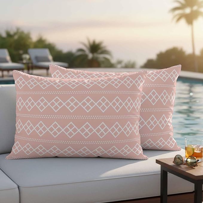 Pink Boho Outdoor Pillow Covers 20x12 Inch Lumbar Pillow Covers Set of 2 Waterproof Decorative Throw Pillow Cases Vintage Ethnic Tribe Abstract Art Cushion Covers for Patio Furniture Garden Couch Sofa