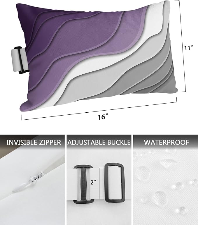 Outdoor Pillows Covers with Inserts Abstract Beach Aesthetic Grey to Purple Gradient Waterproof Pillow with Adjustable Strap Throw Pillows for Patio Furniture Recliner Lounge Chair, 11x16 inch, 1PCS