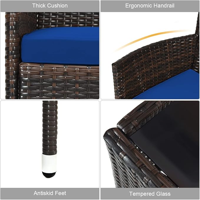 COSTWAY 4PCS Rattan Patio Furniture Set | Outdoor Wicker Rattan Chairs with Coffee Table, Rattan Cushioned Conversation Set for Backyard Balcony Porch Poolside, Navy