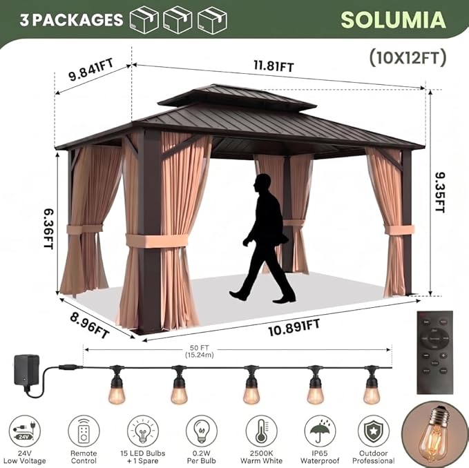 10'x12' Hardtop Gazebo with String Lights-50ft, Galvanized Steel Double Roof Canopy with Aluminum Frame, Outdoor Pavilion with Nettings and Curtains