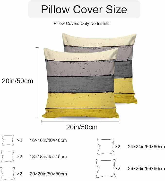 Outdoor Throw Pillow Covers 18X18 Set of 2 Waterproof Ombre Lemon Yellow and Gray Decorative Zippered Cushion Covers for Patio Furniture, Farmhouse Retro Rustic Barn Wood Texture Lumbar Pillowcases