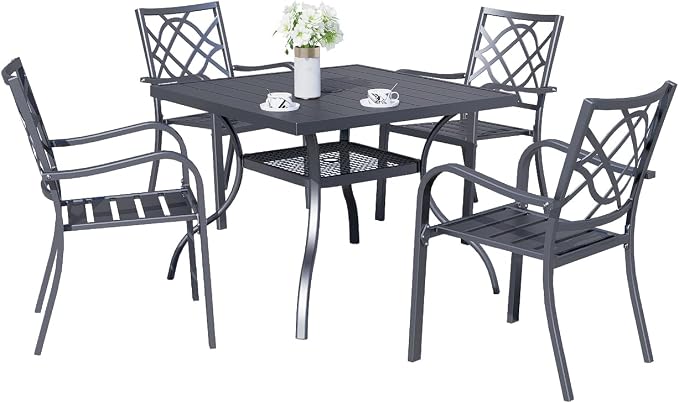 Crownland 5 Piece Patio Dining Set, 4 Stackable Metal Chairs and Square Outdoor Dining Table with 1.57 inch Umbrella Hole (Metal Tabletop), Black