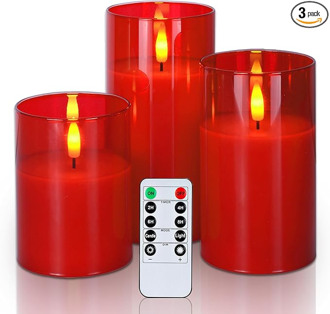 Amagic Christmas Glass Flameless Candles with Remote, Real Wax Pillar Candles Batter Operated with Timer, Red LED Fake Candle for Thanksgiving Decor, Set of 3, D3 xH4 5" 6"