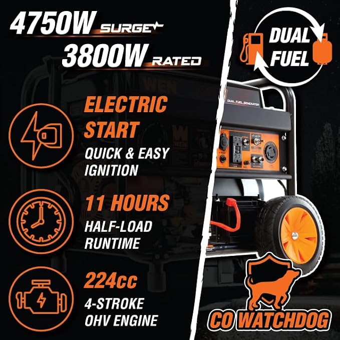 WEN DF475X 4750-Watt Portable Generator with Wheel Kit and CO Shutdown Sensor, Black