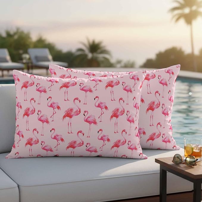 Pink Flamingo Outdoor Pillow Covers 20x12 Inch Lumbar Pillow Covers Set of 2 Waterproof Decorative Throw Pillow Cases Summer Animals Cushion Covers for Patio Furniture Garden Couch Sofa