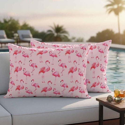 Pink Flamingo Outdoor Pillow Covers 20x12 Inch Lumbar Pillow Covers Set of 2 Waterproof Decorative Throw Pillow Cases Summer Animals Cushion Covers for Patio Furniture Garden Couch Sofa