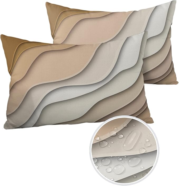 Funy Decor Waterproof Outdoor Throw Pillow Cover Brown Modern Geometric Lumbar Pillowcases Set of 2 Abstract Beach Decorative Patio Furniture Pillows for Couch Garden 20 x 12 Inches