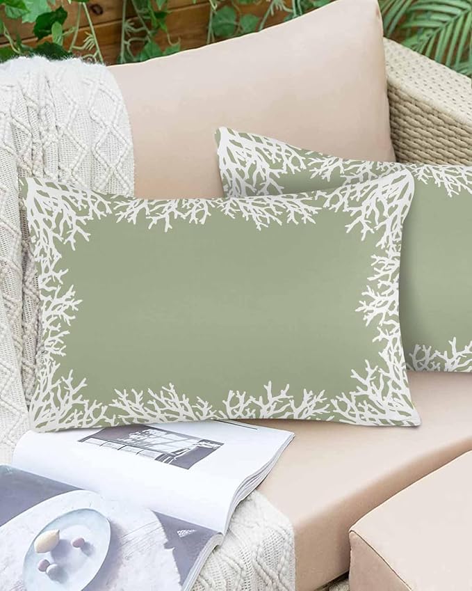 Vandarllin Outdoor Throw Pillows Covers 20x12 inch Set of 2 Waterproof Sage Green Coral Decorative Zippered Cushion Covers for Patio Furniture, Coastal Marine Life Lumbar Pillowcases