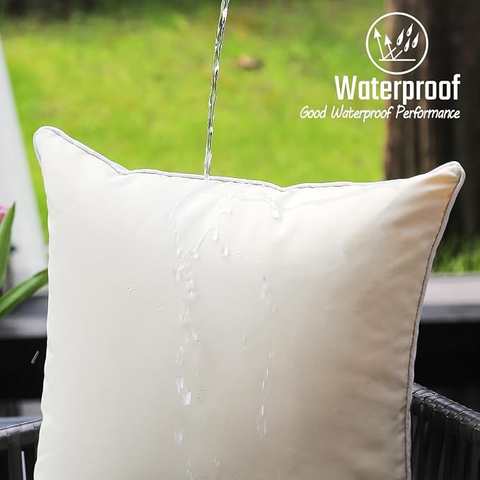 JOJOGOGO Beige Outdoor Decorative Throw Pillow Covers 18x18 Waterproof Set of 2, Farmhouse Outdoor Sunproof Porch Pillows 18 x 18 for Couch Sofa and Patio Furniture (with White Piping)