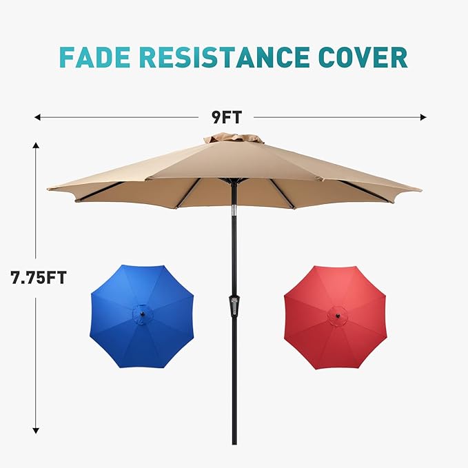 OLIXIS 9FT Patio Table Umbrella with Tilt and Crank Button & 8 Sturdy Ribs Waterproof, 9 Feet Outdoor Patio Umbrella Sun Shade for Pool, Terrace, Beach and Restaurant