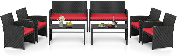RELAX4LIFE 8-Piece Patio Furniture Set - Wicker Rattan Outdoor Sectional Sofa Set w/Glass Coffee Table, Loveseat, Chairs & Soft Cushions, Bistro Conversation for Garden Porch (2, Black-Red)