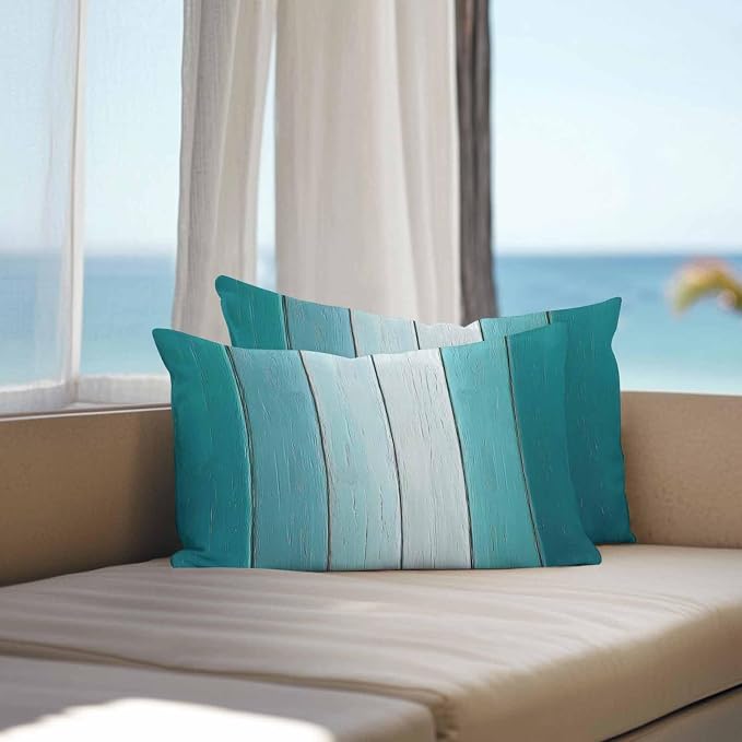 Lumbar Pillow Covers 20x12 Inch Set of 2, Aqua Ombre Waterproof Outdoor Cushion Covers, Vintage Country Wooden Decorative Pillowcases for Couch, Sofa, Bed, Garden, Patio