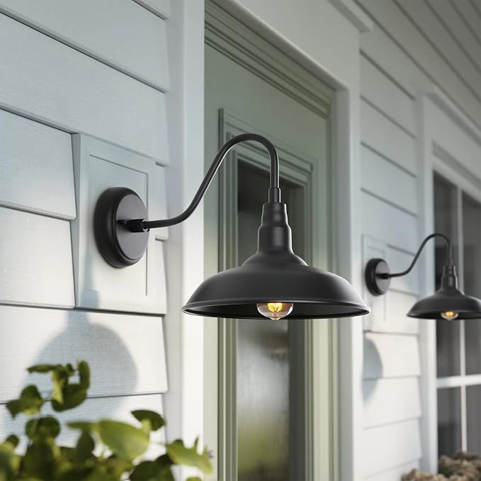 10in Dome Outdoor Barn Light with Wall Mount 2 Pack Black Exterior Gooseneck Lights Farmhouse Style Outdoor Barn Wall Lights Garage Outside Wall Sconce for House, Porch, Patio, Yard