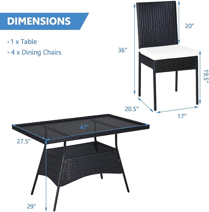 HAPPYGRILL 5-Piece Patio Dining Set Rattan Wicker Table Chairs Set with Cushions & Tempered Glass Table Top, Patio Furniture Outdoor Dining Set for Garden Poolside