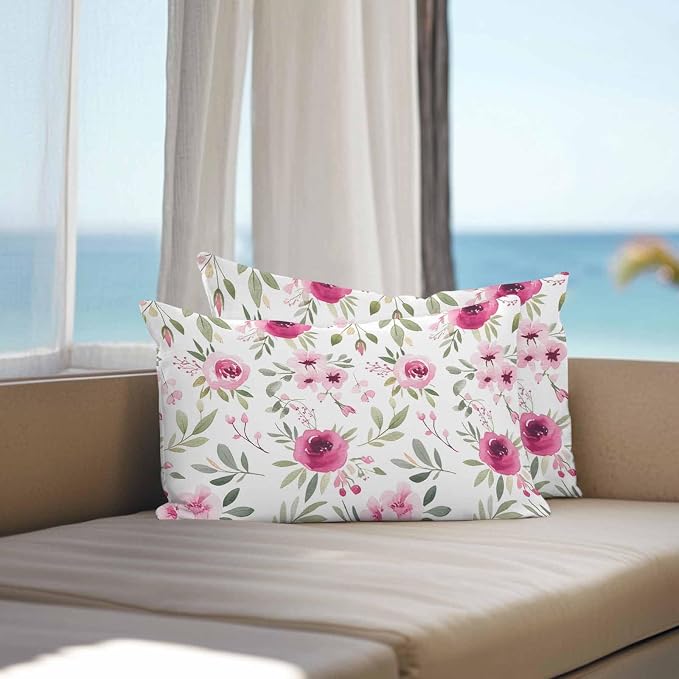 Vandarllin Outdoor Throw Pillows Covers 20x12 inch Set of 2 Waterproof Pink Flowers Decorative Zippered Cushion Covers for Patio Furniture, Floral Leaves Plant Lumbar Pillowcases