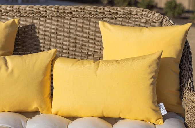 RSH DECOR: Sunbrella Lumbar & Square Pillows Set of 4 | 20" x 12" & 17" x 17" | Water and Fade-Resistant Performance Fabric | Outdoor Throw Pillows for Patio Furniture | Canvas Buttercup Yellow