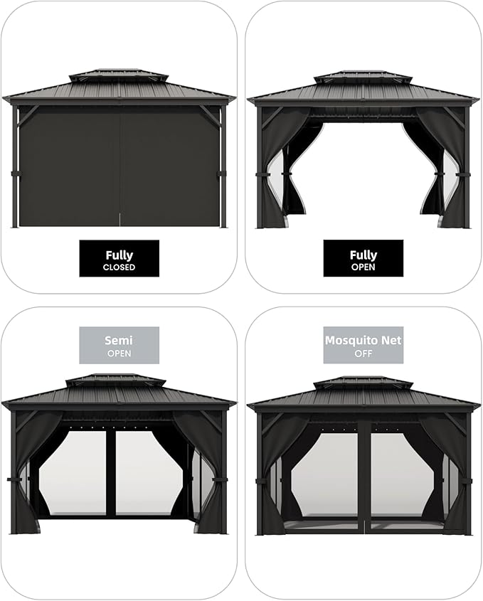 GarveeLife Hardtop Gazebo 12 ft x14 ft for All Weather, with Double Metal Roof, Net, and Curtain, Permanent Building for Patio, Deck, Backyard, Lawn, and Garden