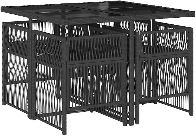 5 Piece Patio Dining Set with Cushions Black Poly Rattan Outdoor Furniture Foldable Chairs Tempered Glass Table UV Protection for Garden Backyard BBQ Lounge