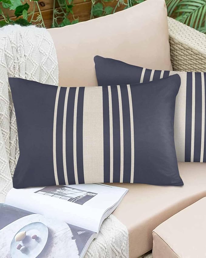 Vandarllin Outdoor Throw Pillows Covers 20x12 inch Set of 2 Waterproof Blue Vertical Stripes Decorative Zippered Cushion Covers for Patio Furniture, Classic Striped Linen Lumbar Pillowcases