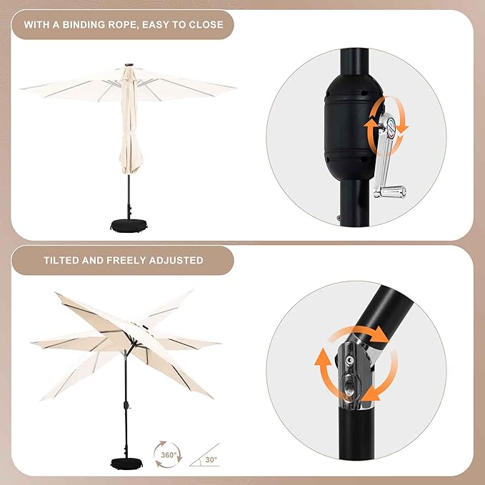 Sundale Outdoor Solar 88 LED 10 ft Patio Umbrella with Sand Bag Umbrella Base, Outdoor Umbrella with Tilt and Crank, Beige