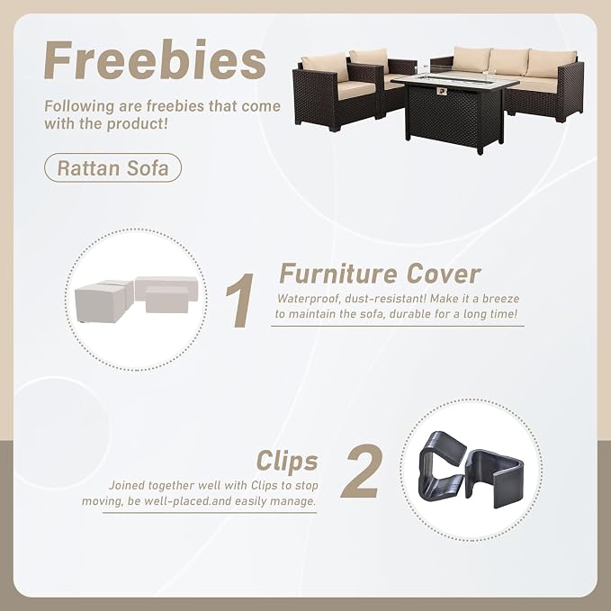 Rattan Star Outdoor Furniture Sets Patio Couch Outdoor Chairs 50000 BTU Propane Fire Pit 4 Pcs Patio Furniture Set 45In Fire Pit Table with No-Slip Cushions and Waterproof Covers, Khaki