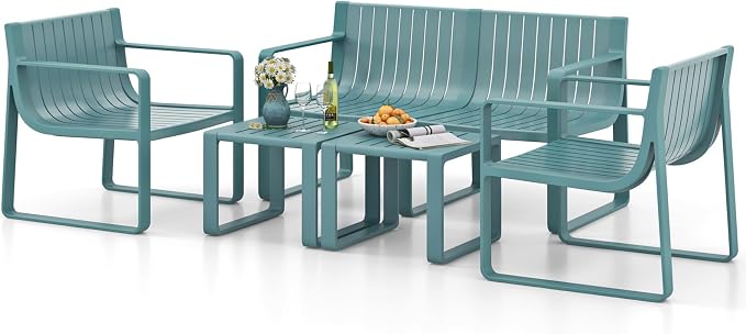 Tangkula 5-Piece Patio Furniture Set, Outdoor Conversation Set w/1 Loveseat, 2 Patio Chairs & 2 Side Tables, All-Weather Patio Bistro Set for Lawn, Backyard, Poolside, Balcony, Garden, Deck (Blue)