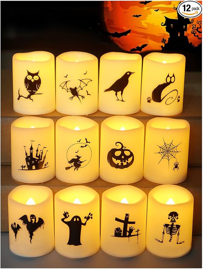 Set of 12 Halloween Votive Candles Battery Operated (White Body, Warm White Flicker) - Flameless Unscented Candles with Halloween Decals - LED Flickering Flameless Votive Candle