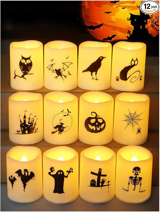 Set of 12 Halloween Votive Candles Battery Operated (White Body, Warm White Flicker) - Flameless Unscented Candles with Halloween Decals - LED Flickering Flameless Votive Candle
