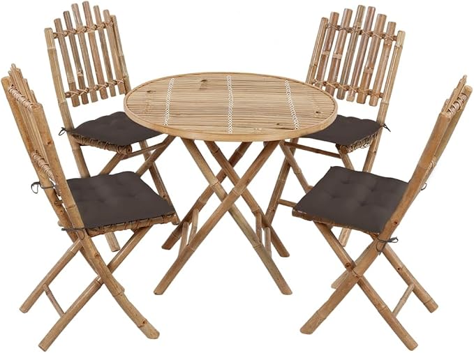 Foldable Bamboo Outdoor Dining Set with Cushions, 5 Piece Patio Table and Chairs Set for Al Fresco Dining