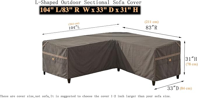 Heavy Duty Waterproof Patio Furniture Covers,Fade Resistant Outdoor Sofa Covers L-Shaped Right Facing Sofa Cover 104" L/83 R W X 33" D x 31" H Dark Grey