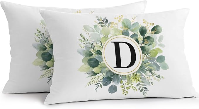 Letter D Waterproof Outdoor Pillow Covers Set of 2 Home Decor, Alphabet Green Eucalyptus Leaves Lumbar Pillowcase Patio Pillow Covers for Couch Bench Patio Furniture Garden 20x12in