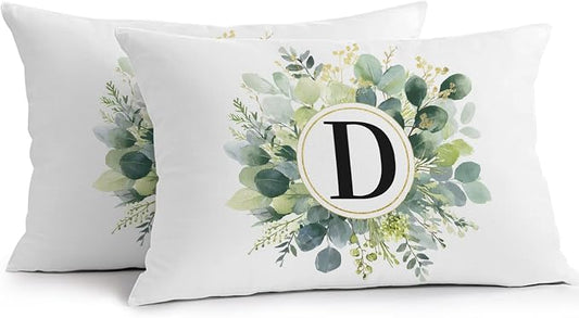 Letter D Waterproof Outdoor Pillow Covers Set of 2 Home Decor, Alphabet Green Eucalyptus Leaves Lumbar Pillowcase Patio Pillow Covers for Couch Bench Patio Furniture Garden 20x12in