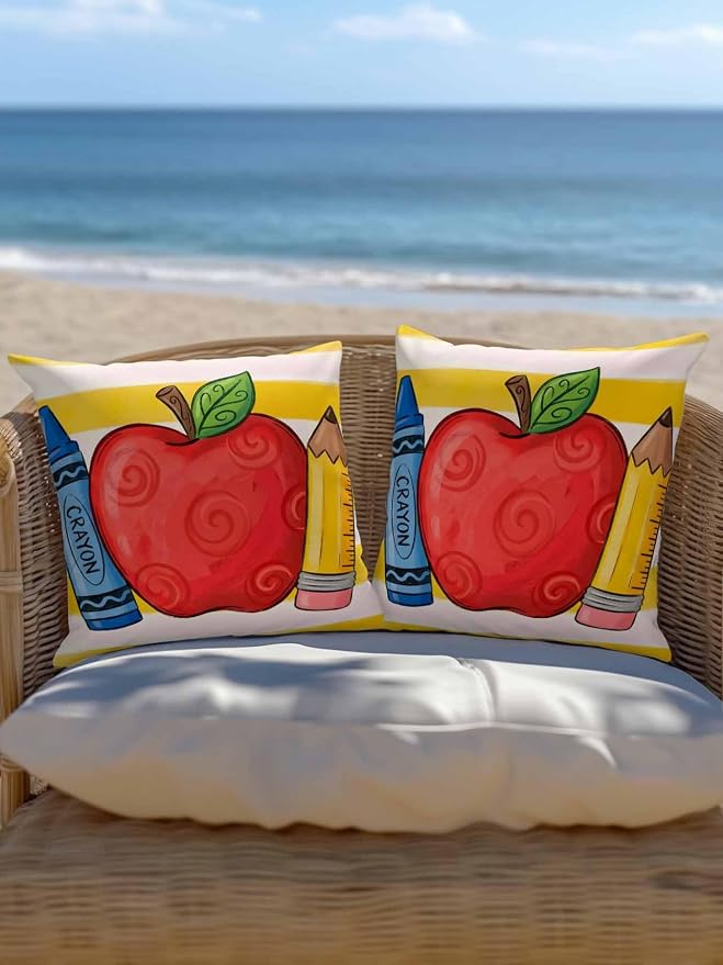 Outdoor Throw Pillow Set of 2, Children's Day Waterproof Pillow with Insert Included, Funny Cartoon Pencil Yellow Striped Decorative Accent Cushion Sofa Pillows for Patio Porch, 16 x 16 in