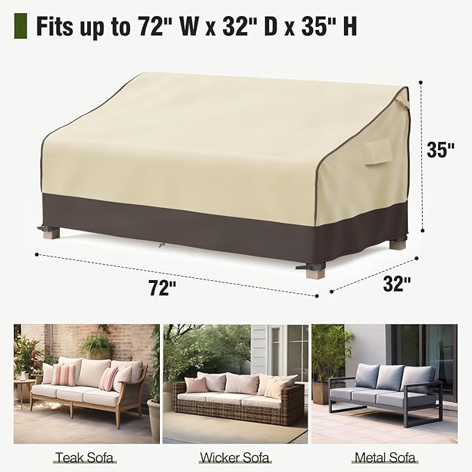 MR.COVER Outdoor Couch Cover Waterproof, Patio Furniture Covers for 3-Seater Couch, Heavy Duty Patio Couch Sofa Covers, Fits up to 72" W x 32" D x 35" H, Moisture-Proof & UV-Protection, Brown & Khaki