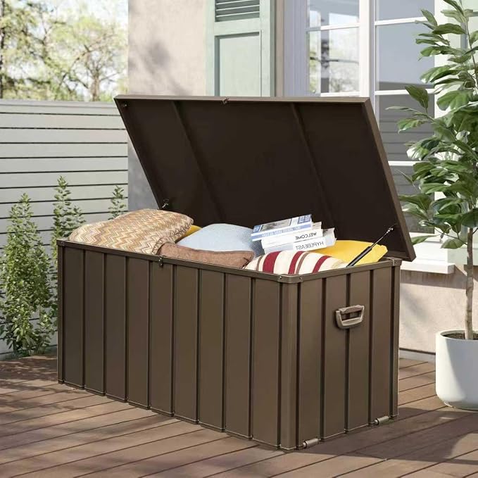 Domi 100 Gallon Deck Box, Metal Outdoor Storage Box with Lock Wheels, Waterproof Outside Storage Box for Patio Cushions