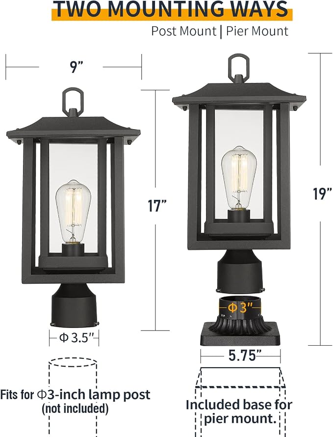 Beionxii Outdoor Post Light, Large Exterior Lamp Post Light Pier Mount Lantern with Base, Black Cast Aluminum w/Clear Glass (19" x 9") - A197P-1PK