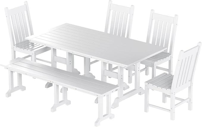 WO Home Furniture Adirondack Patio Dining Chair Table Bench Set of 6 PCS Rectangle Dinner Table Dining Armless Chairs (White)