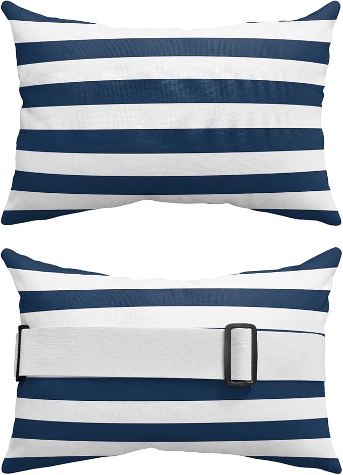 Blue and White Striped Outdoor Pillows with Insert Blue White Geometric Waterproof Patio Pillows with Adjustable Strap Rectangle Head Recliner Lounger Chair Throw for Patio Furnitures, 1 Pack