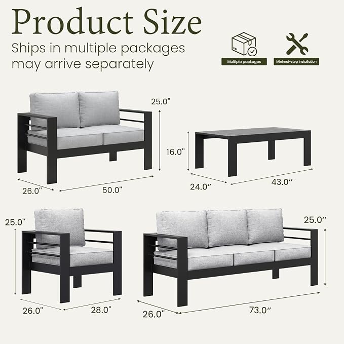 LayinSun Outdoor Aluminum Furniture Set, 5 Pieces Patio Sectional Conversation Chat Sofa Modern Seating Set with Coffee Table