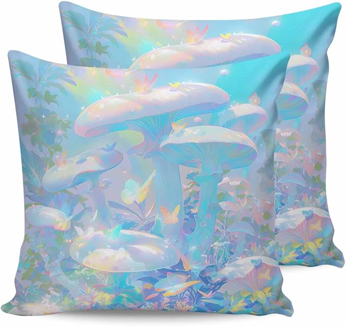 Outdoor Waterproof Throw Pillow Covers 24x24in, Abstract Rainbow Colors Cushions for Garden Patio Furniture Chairs Set of 2, Soft Butterfly Mushroom Home Decor Couch Sofa Polyester Pillow Cases