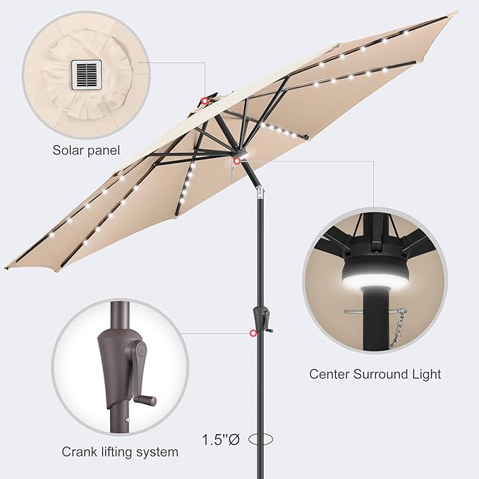 11FT Solar Umbrella Outdoor - Lighted Solar Patio Umbrella with 40 LED Lights Waterproof UV Protection, Table Umbrella with Tilt for Pool, Porch, Garden, Deck, Backyard - Beige