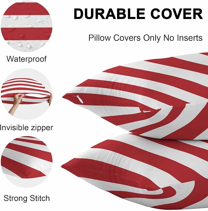 Outdoor Waterproof Throw Pillow Covers Set of 2 Red White Stripe Lumbar Pillowcases 20x12 Inches Simple Style Striped Decorative Pillows Cushion Case Patio Pillows for Couch Bed Chair Garden