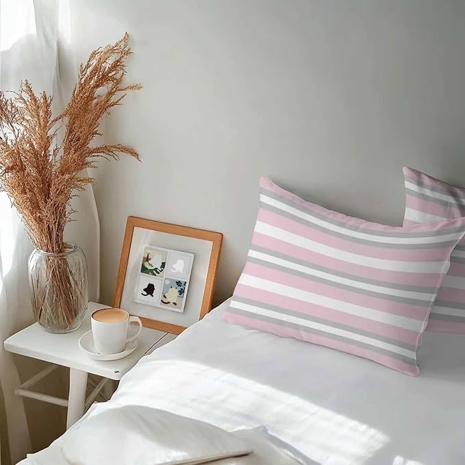 Lumbar Pillow Covers 20x12 Inch Set of 2, Pink Grey Stripe Waterproof Outdoor Pillow Covers, Minimalist Farmhouse Striped Decorative Cushion Pillowcases for Couch, Sofa, Bed, Garden, Patio