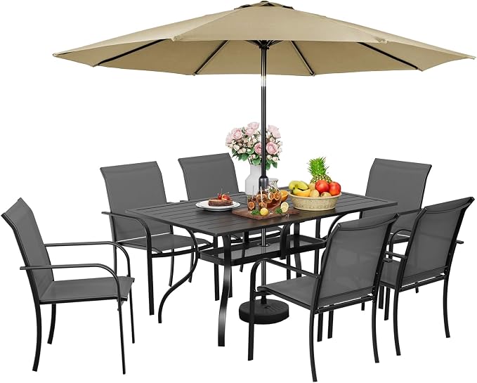 7-Piece Patio Dining Set with Umbrella,6 Person Outdoor Table and Chairs Set, 6 Metal Dining Chairs and Rectangular Outdoor Table with 1.57" Umbrella Hole,Grey