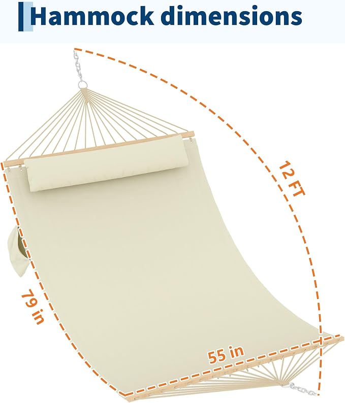 PrecisionAuto Double Quilted Fabric Hammock with Spreader Bar & Detachable Pillow, 12FT Two Person Outdoor Swing Bed Supports 450LBS for Patio Backyard Poolside Relaxation