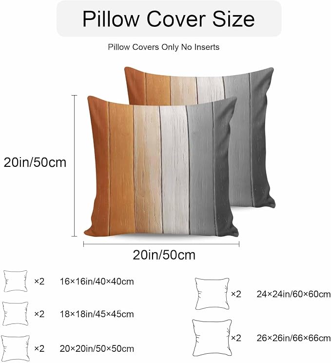 Throw Pillow Covers 24x24 Inch Set of 2, Burnt Orange Gray Ombre Waterproof Outdoor Cushion Covers, Vintage Farmhouse Wooden Decorative Pillowcases for Couch, Sofa, Bed, Garden, Patio