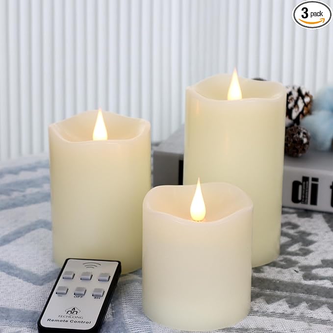 TECHLONG Flameless Candles Battery Operated with Remote Timer, 3D Moving Flame Flickering, Last 600+ Hours Battery Candles, Set of 3 Ivory Real Wax Electric LED Candle for Wedding Party Decor