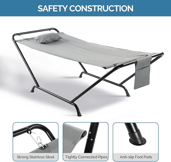 Double Hammock with Stand, Heavy Duty Outdoor Hammock, 550 LBS Capacity, Stable Steel Frame Hammocks with Soft Pillow and Side Storage Pocket for Patio, Garden, Backyard & Beach